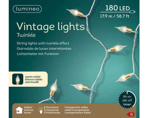 180 Warm White Vintage Lights  8 Function Twinkle Effect Indoor Transparent cable L.1790cm with timer - KeansClaremorris