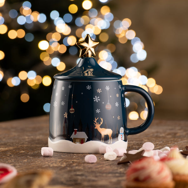 Belleek Winter Scene Lidded Mug With Spoon