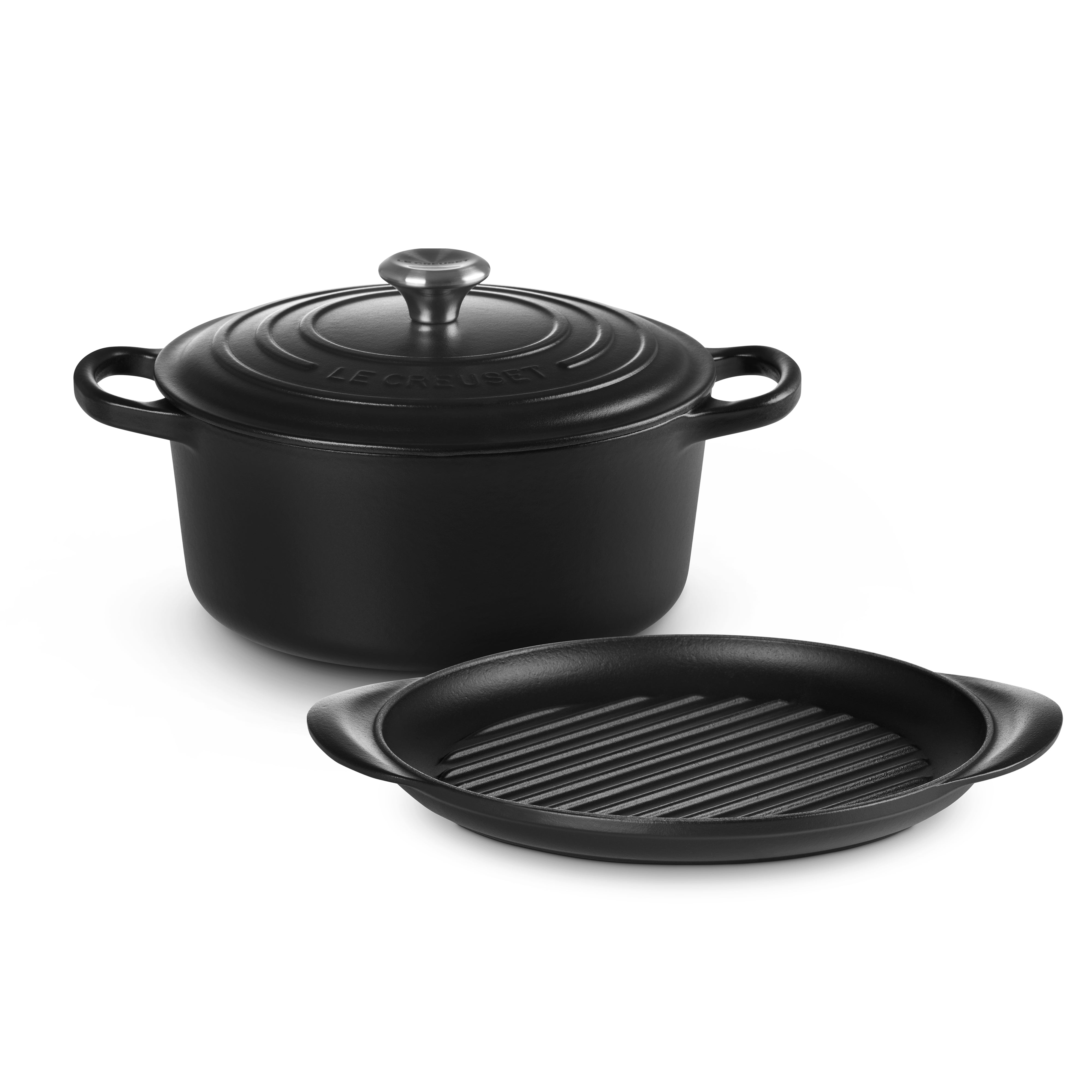 Le Creuset Cl 2 Pce Set 22cm Round Casserole & Round Grill 25cm Satin Black