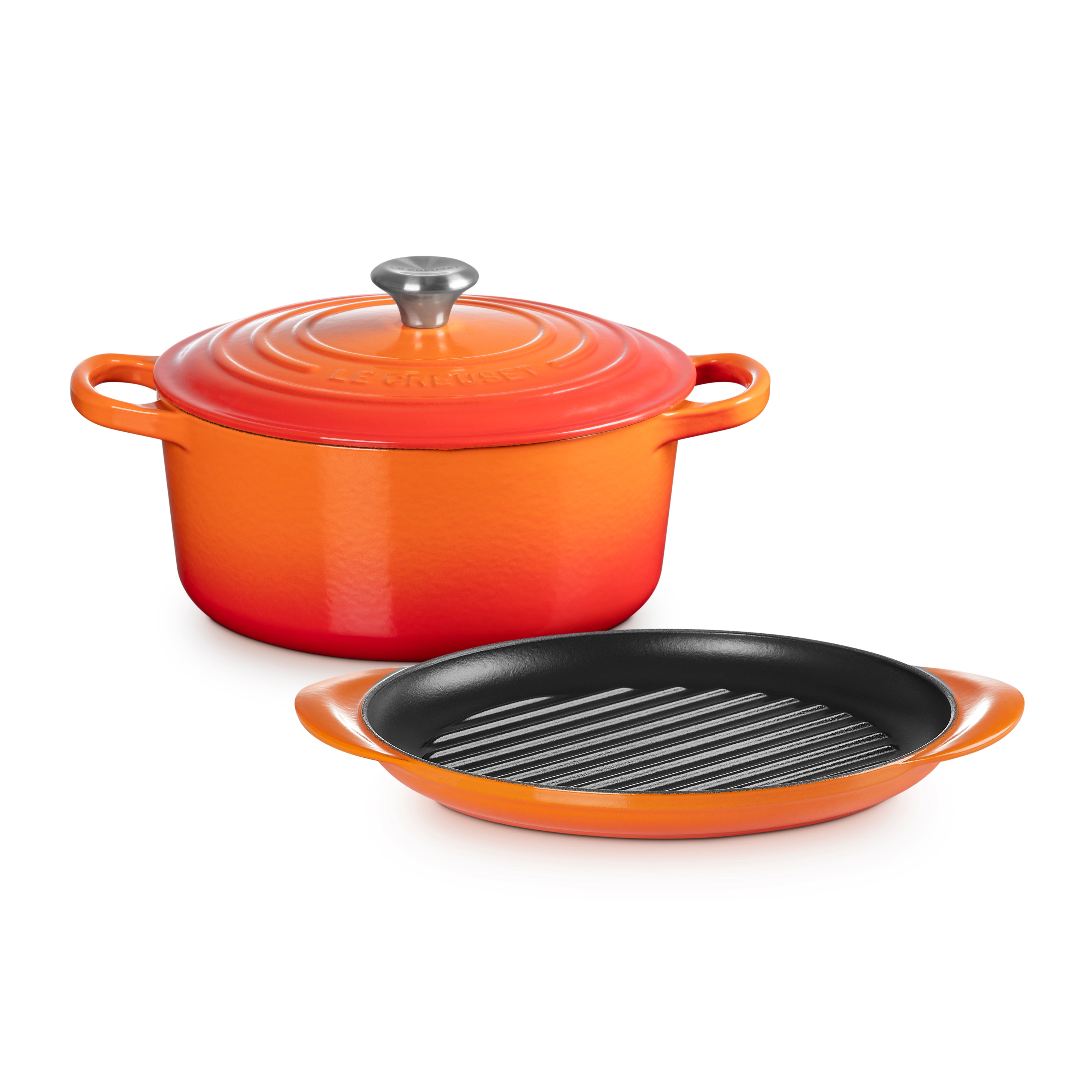 Le Creuset Cl 2 Pce Set 22cm Round Casserole & Round Grill 25cm Volcanic