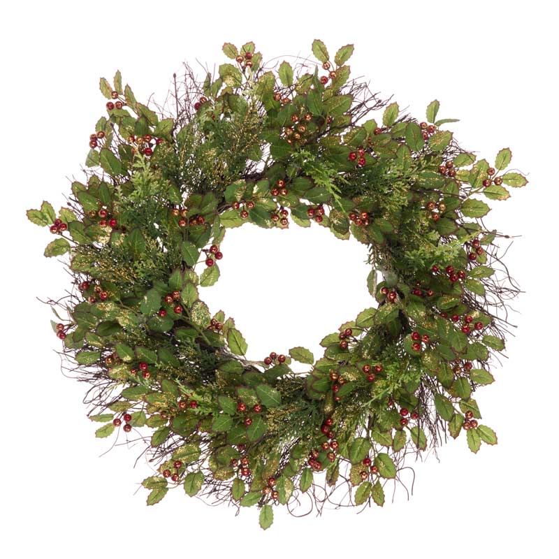 Glitter Holly Wreath 58cm - KeansClaremorris