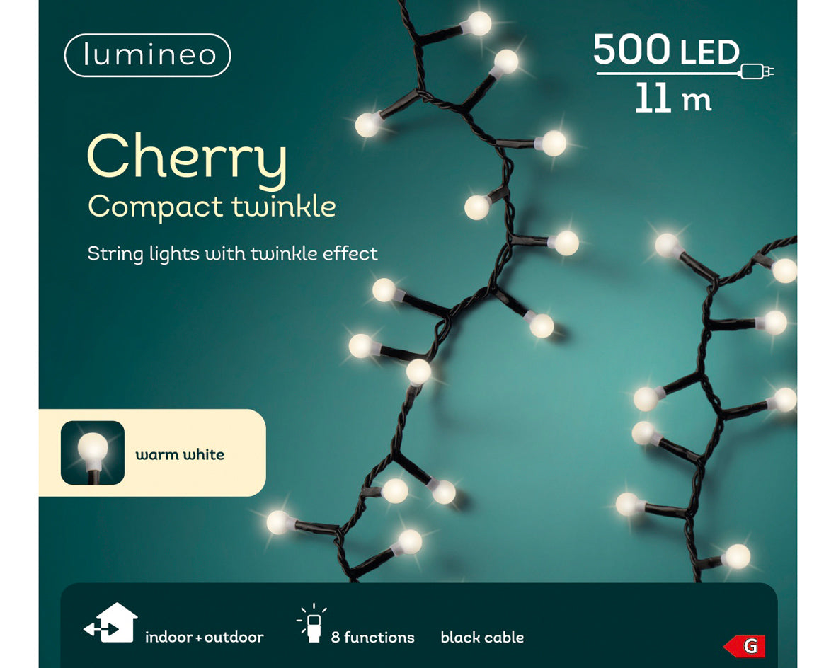 500 Warm white LED compact cherry lights Black Cable twinkle effect outdoor/indoor 11m - KeansClaremorris