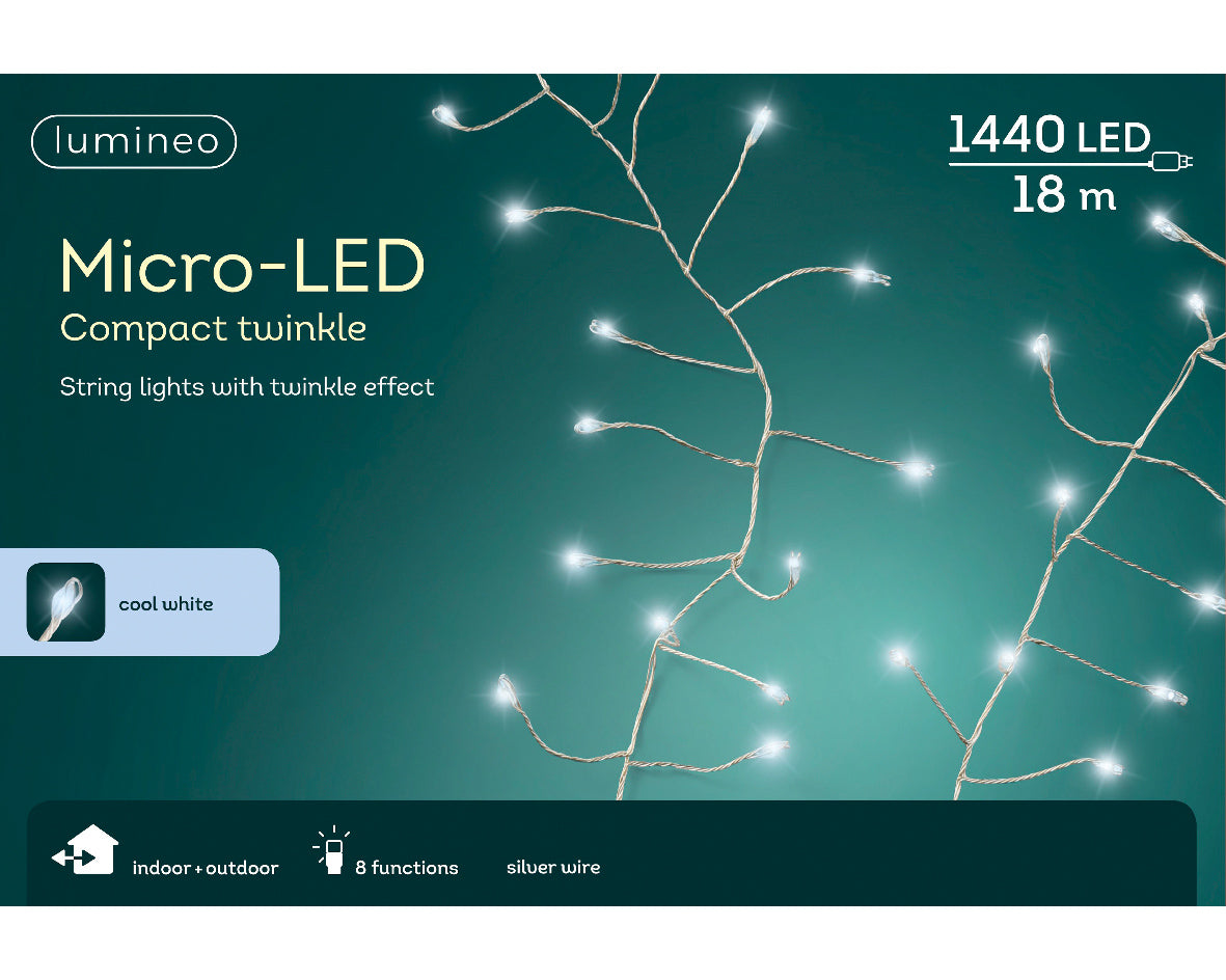 1440 Cool White Micro LED compact lights  twinkle effect outdoor/indoor silver cable with timer - KeansClaremorris