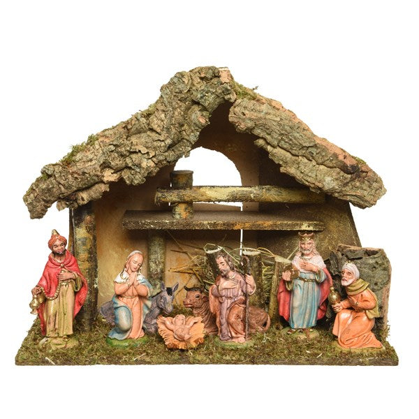 Nativity Crib house natural with 8 poly figures 12cm - KeansClaremorris