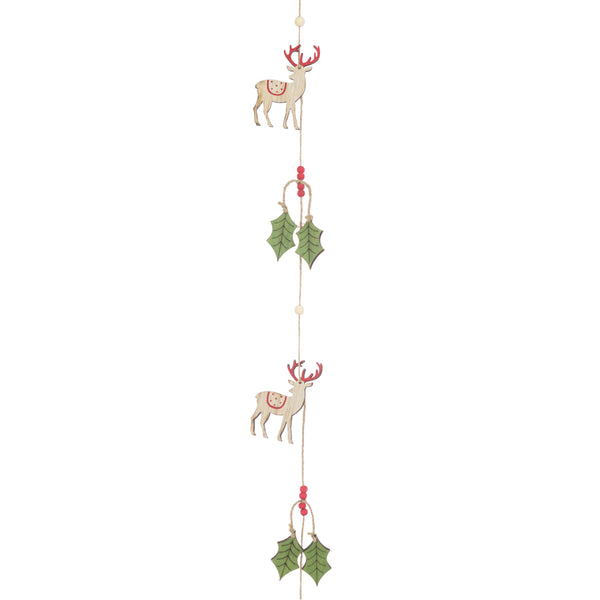 Wooden Reindeer & Holly Garland 124cm - KeansClaremorris